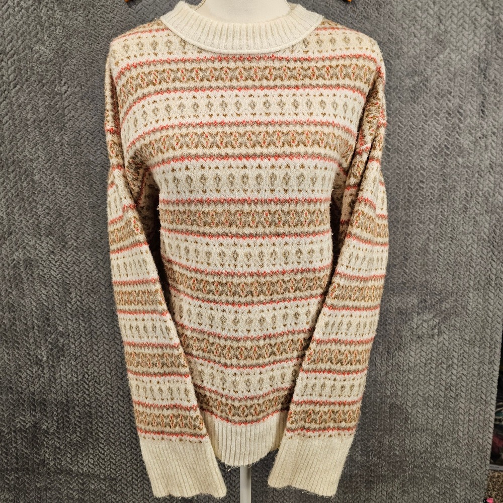 American Eagle XL Fair Isle Crew Neck Sweater Cream Coral‎ Tan Knit Pullover